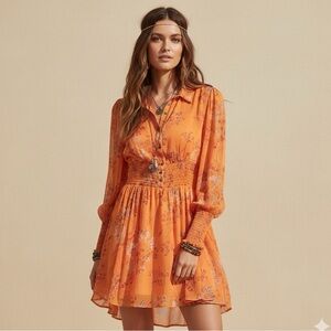 Free People Orange Floral Long Sleeve Dress
